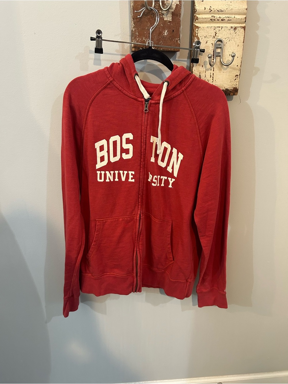 League 'Boston University' Zip-Up Hoodie in Red Vintage Washed Fleece